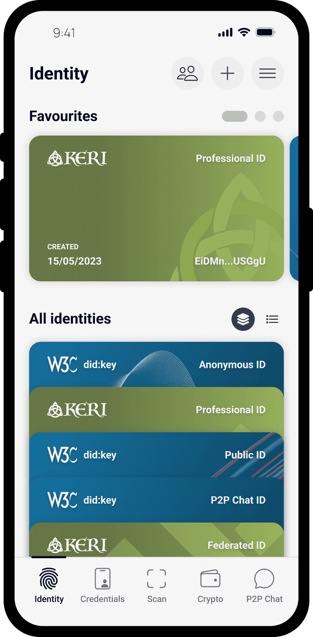 Snapshot of the Cardano Identity Wallet application showing the Identity tab.