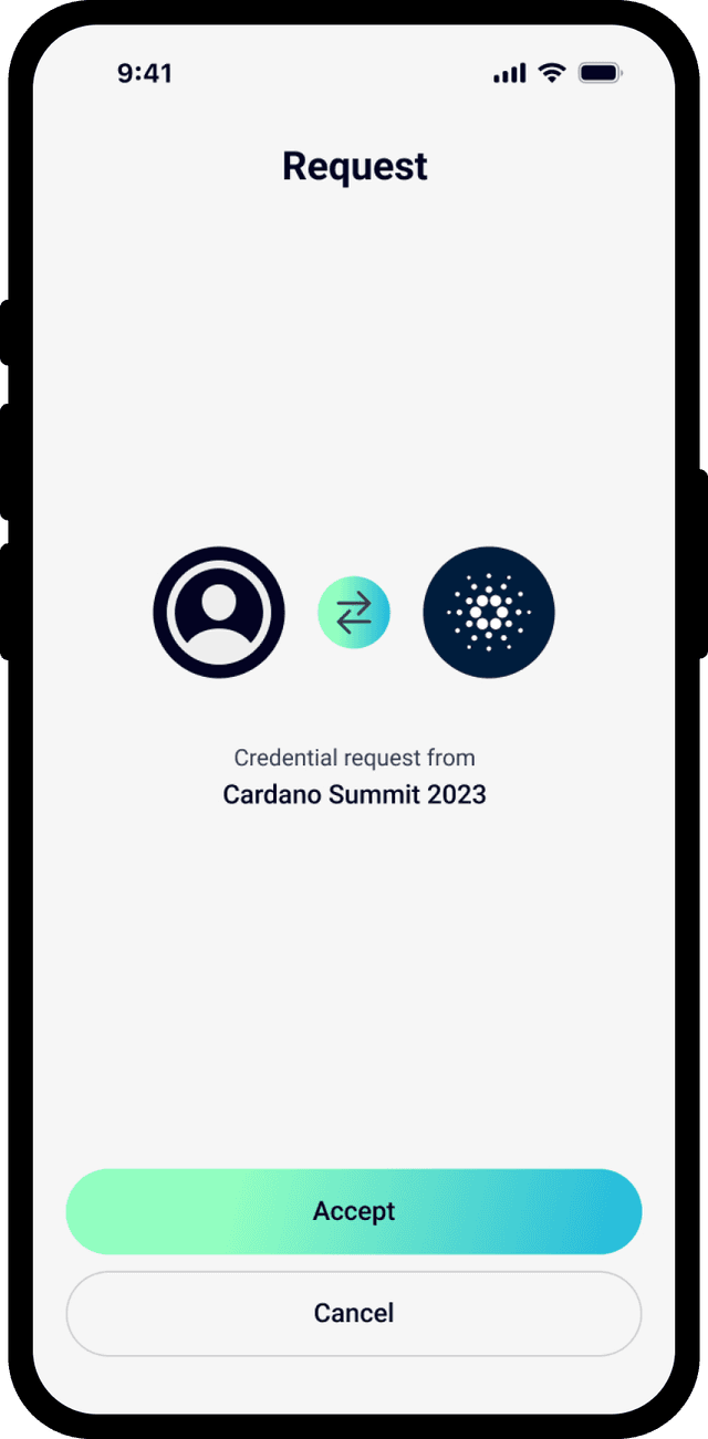 Snapshot of the Cardano Identity Wallet application showing a credential request.