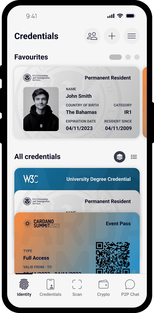 Snapshot of the Cardano Identity Wallet application showing the Credentials tab.